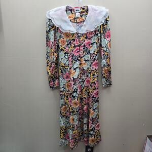Vintage Leslie Fay 90's Floral Big Chiffon Collar Shirt Dress Shoulder Pads 12